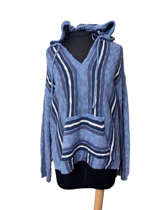 Lucky Brand Blue Striped Baja Hoodie M/M Cotton Blend Pullover With Front Pocket - Picture 1 of 11